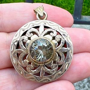 HUGE VINTAGE 14K ROSE GOLD ROUND PRASIOLITE GREEN AMETHYST ORNATE PENDANT HEAVY